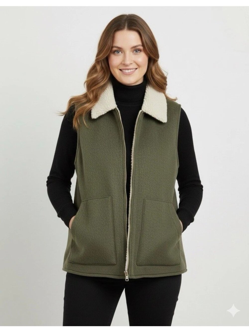 NWT Sanctuary Wool Blend Women's Vest M Olive Sherpa Lined Full Zip
